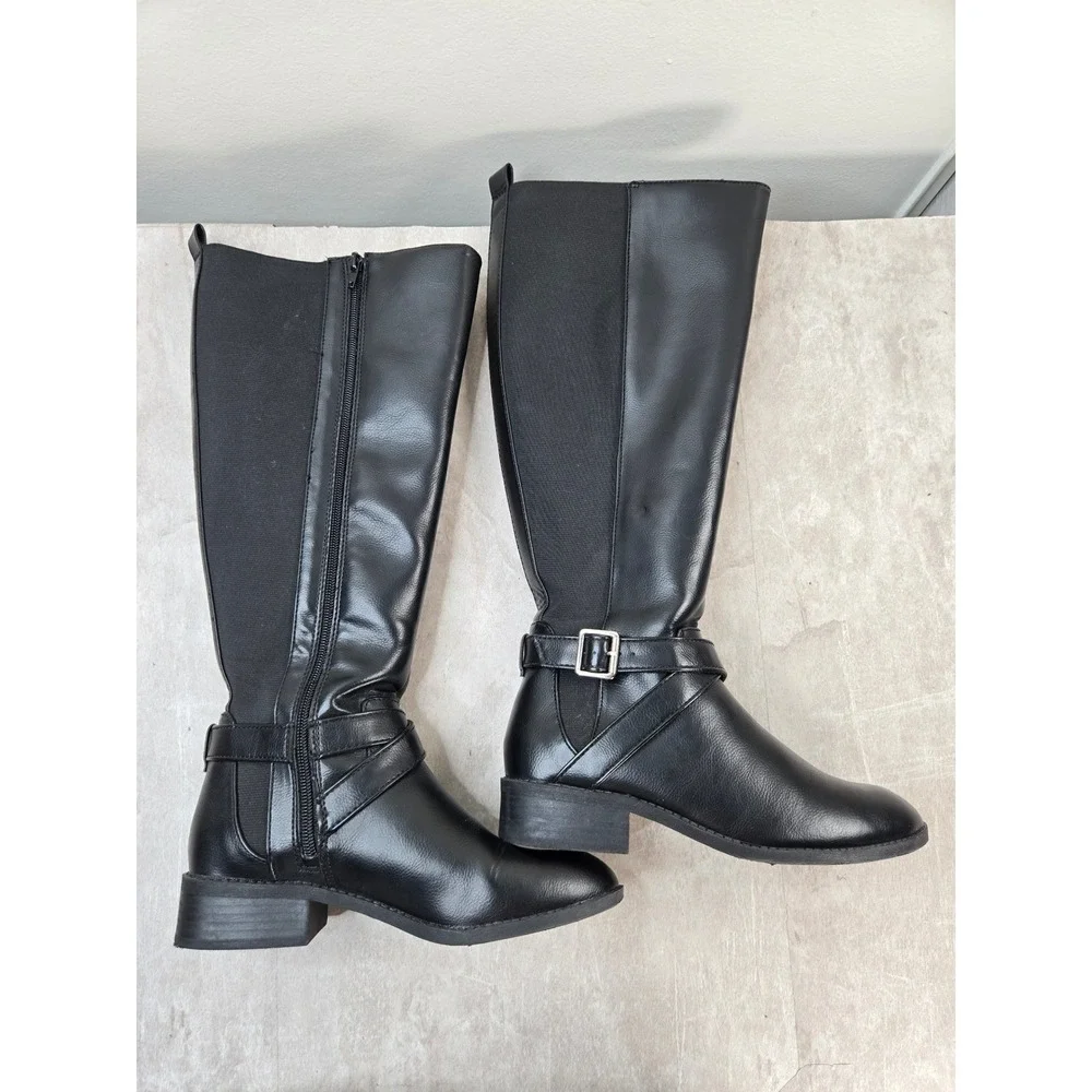 Kelly & Katie Equestrian Knee High Boots 6 Wide Black Buckle Harness Riding Moto